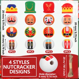 Suzile 144 Pcs Christmas Wood Beads 4 Styles Christmas Nutcracker Wooden Bead with Holes and Twine Farmhouse Rustic Round Wooden Bead for DIY Craft Party Supplies Christmas Holiday Decor