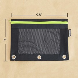 BAZIC Pencil Pouch 3 Ring Binder Pouch w/Rivet Enforced Rings Holes, Neon Black Color Mesh Window Zipper Pouches, 6-Pack