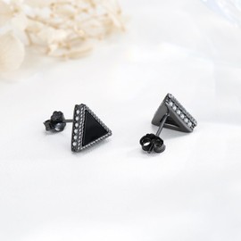 Black Onyx Earrings 925 Sterling Silver Triangle Stud Earrings Hypoallergenic Black Earrings Punk Gothic Jewelry Gifts for Men Women(white zircon), Sterling Silver, Onyx