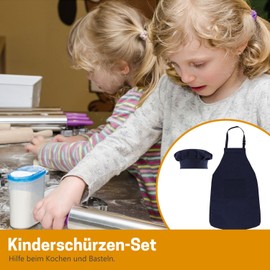 GNEGNI LIFE Children's Apron and Chef's Hat Set, Set of 2, Poly-Cotton, Adjustable Children's Aprons 4-12 Boys Girls Baking Apron for Cooking, Baking, Painting, Party, darkblue