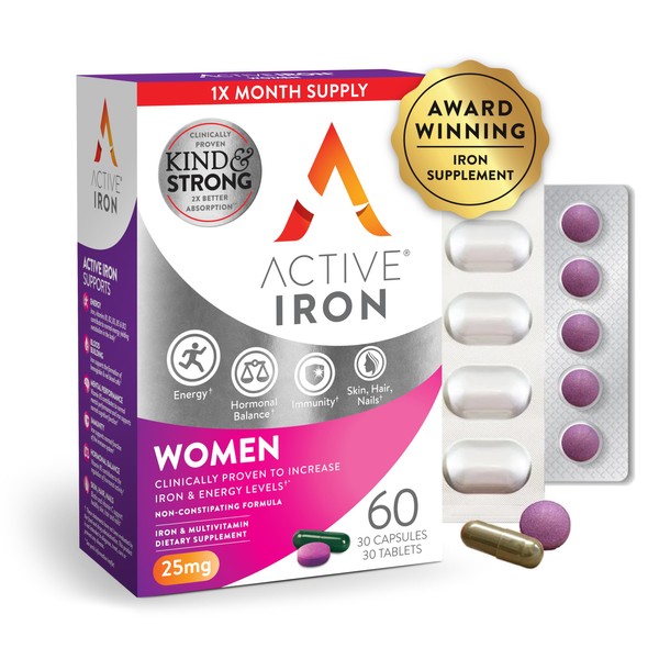 Active Iron Supplement for Women + Complete Multivitamin, 30 Non-Constipating,
