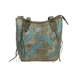 American West Leather Sacred Bird Women's Zip Top Bucket Tote Charcoal Brown/Turquoise