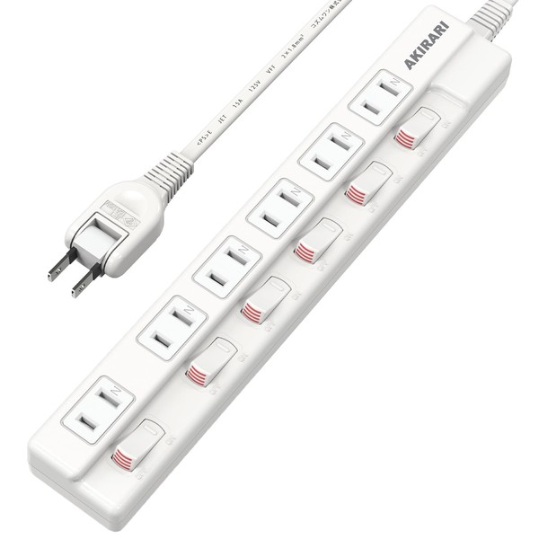 AKIRARI Power Strip 6 Outlets White Lightning Guard Switch Power Strip Table Tap Extension Cable 3.3 ft (1 m) for Household Use, 6 Outlets, Dust Shutter Included, Over Current, Overheating Protection, Gap, 180° Swing Plug, Tracking Prevention, Power Savi