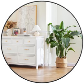 Round Mirror, 32 inch Circle Mirror, HD Eco-Friendly Round Bathroom Mirror for Over Sink, Big Matte Black Metal Framed Wall Mirror for Wall, Vanity, Entryway, Hallway, Living Room, Easy to Install