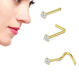 Reaindeer 14k Gold Filled Nose Studs 316l Surgical Steel Gold Nose Rings Studs,For Women Men Silver Cubic Zirconia Imitation Diamond 1.5mm 2mm 2.5mm 3mm