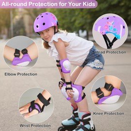 Kids Helmet and Pads Set Age 3-8 Years Toddler Helmet with DIY Stickers Adjustable Helmet Knee and Elbow Pads Set for Skateboard Scooter Cycling Roller Skating,Purple