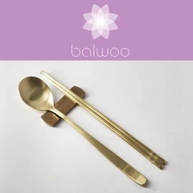 BALWOO [5 Sets] [Made in Korea] Korean Sticky Rice Spoon Chopsticks Set Gold Titanium Plating 304 Stainless Steel Tableware Cutlery Set Mukbang Chopsticks (Korean Palace Pattern TITANIUM, 5 Sets)