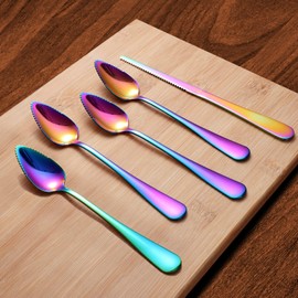 Grapefruit Spoons & Knife Set, Stainless Steel Utensils With Serrated Edge & Thick Gauge Handle, Rainbow Kitchen Tool, Non-stick Plating for Kiwi, Dessert, Apple (5 PCS)