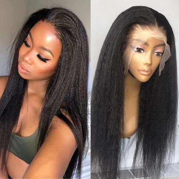 TOOCCI 13 x 4 Lace Frontal Wigs, Real Hair, Yaki Straight Wigs for Women, Afro Kinky Straight Lace Closure Wigs, Brazilian Real Hair Wigs, Black, 150% Density with Baby Hair, 18 Inches