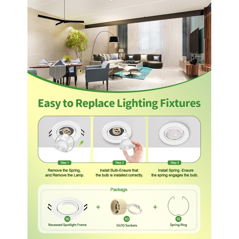 10x Modern Recessed Spotlight Frame, GU10 Recessed Lights, Includes GU10