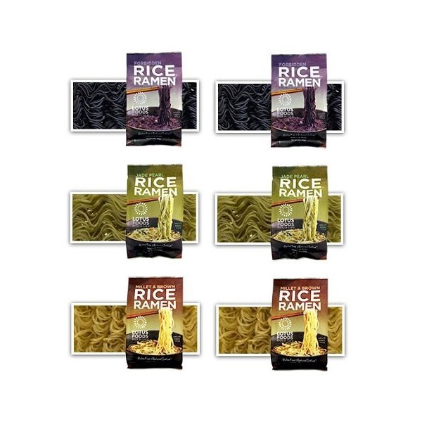 Lotus Foods -Gluten Free Rice Ramen Variety Pouch 6 Pack - [Forbidden Rice, Jade Pearl Rice , Millet & Brown Rice ]