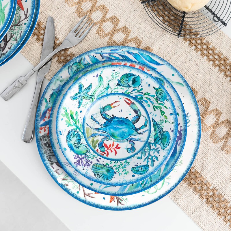 LEHAHA 12-Piece Melamine Beach Dinnerware Set, Coastal Plates and Bowls