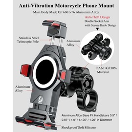 BRCOVAN Aluminum Alloy Motorcycle Phone Mount with Vibration Dampener & High-Speed Secure Lock, Anti-Theft Handlebar Cellphone Holder for Motorcycle Bike Bicycle Scooter ATV, for 4.7-7.2'' Smartphone