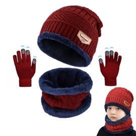 CheChury Children's Winter Hat Knitted Hat Warm Beanie Hat Winter Scarf Circle Scarf Set and Warm Knitted Gloves with Fleece Lining - red