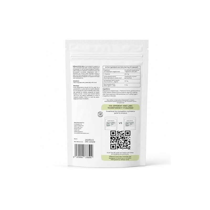 Magnesium Bisglycinate L-Theanine, 60 Vegan Capsules, Different Kind Labs