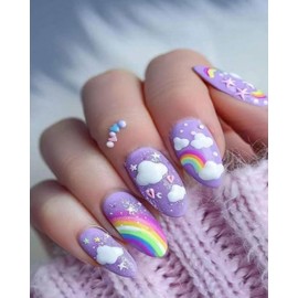 24-Piece Press On Nails Set, Medium Almond French Tips with Silver Glitter and Stars, Pink Nude, Includes Nail Glue and File (Purple Rainbow Cloud Press-On Nails, 24 Pieces, Short/Medium Length, Reusable Nail Art Stickers)