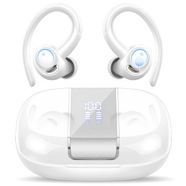 Wireless Earbuds Bluetooth 5.3 Headphones Sports, 48Hrs Playtime Bluetooth Earbuds with CVC 8.0 Mic, 2025 Stereo Bass Over Ear Bud with Earhooks, LED Display, IP7 Waterproof Earphon for Running White