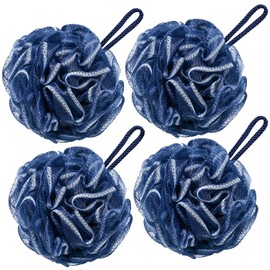 VANZAVANZU Bath Loofah Large 80g Shower Sponge Body Scrubber Mesh Pouf for Men and Women, Set of 4 (Navy Blue)