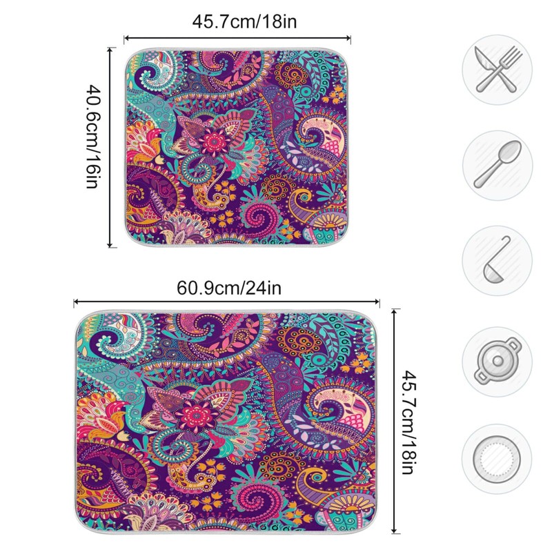 Kcldeci Indian Bohemian Mandala Dish Drying Mat Absorbent Reversible Microfiber
