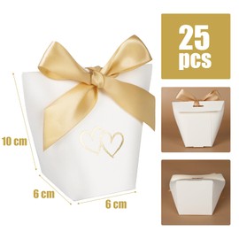 BETESSIN Wedding Favours - Pack of 25 White Guest Gift Boxes with Heart Motif and Champagne Bow - Small Gift Box for Wedding, Christening, Birthday & Celebrations - 6 x 6 x 10 cm