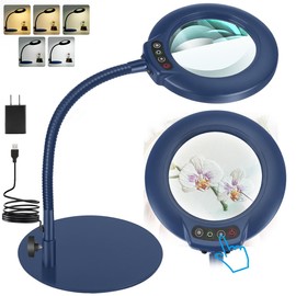 IVMAIE 10X Magnifying Glass with Light, Flexible Gooseneck Lighted Magnifier with Stand, 5 Color Modes Dimmable LED Desk Lamp Hands Free for Crafts Painting Sewing Jewelry Reading Close Work - Blue