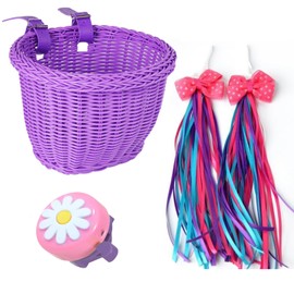 SVNR Kids Bike Basket Set, Girl Bike Basket Purple Handwoven, Bike Baskets for Kids, Children Cycling Basket with Spare Leather Straps, Bowknot Streamers and Bell Easy Install Detachable
