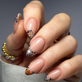 Halloween Press on Nails Medium Almond 3D Fake Nails Cute Ghost Nails Press ons with Pumpkin Flower Bat Design Pumpkin Acrylic Glue on Nails Ghost Artificial Stick on Nails for Women 24Pcs