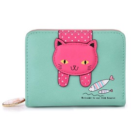 Binnan Women's Cartoon Cat Wallet, Leather Small Purse with Zip (Light Green)