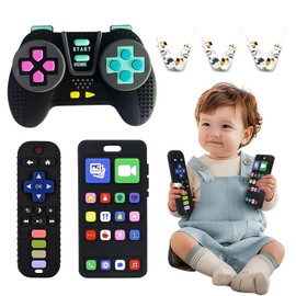 Mordedera para Bebe Juego de 3 PCS de 0 a 6 Meses, Silicona Libre de BPA, Aliviar el Dolor de Denticion,con Correas Anticaída, Juguetes de Dentición(Control Remoto, Teléfono y Mando de Videojuegos)