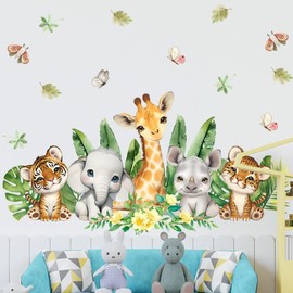 SMAOSTORE Cute Cartoon Animals Forest Animals Giraffe Elephant Tiger Stylish Kids Room Bedroom Kindergarten Living Room Bedroom Jungle Animals Background Wall Stickers Waterproof Removable Wall