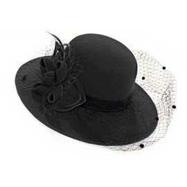 Caprilite Large Brim Felt Fedora Formal Hat Wool Mix Occasion Birdcage Veil Netting Hatinator Fascinator (Wool Blend, Black)