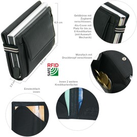 J.Jones Slim Wallet with Coin Compartment and RFID Protection, Genuine Leather Mini Wallet with Pop Up Card Case, Black