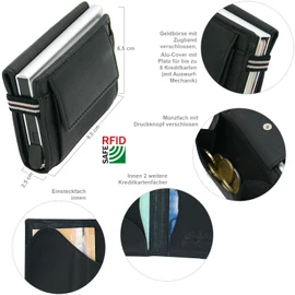 J.Jones Slim Wallet with Coin Compartment and RFID Protection, Genuine Leather Mini Wallet with Pop Up Card Case, Black