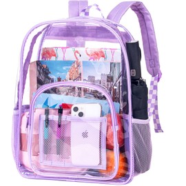 UFNDC Clear Backpack for Women and Men, Heavy Duty PVC Backpacks, See Through Transparent Bookbag - Purple