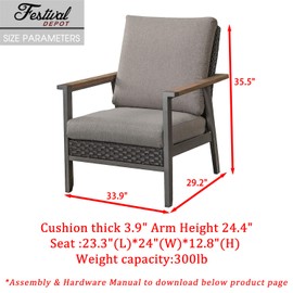 Festival Depot Dining Outdoor Patio Bistro Furniture Armchairs Wicker Rattan Wooden Grain Armrest Fabric Comfort 3.9" Cushions with Metal Slatted Steel Frame Legs for Lawn Garden Poolside All-Weather