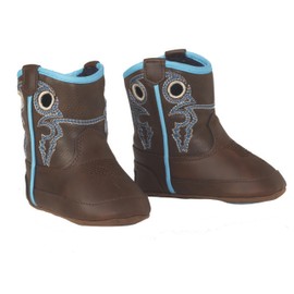 TWİSTER Hudson Baby Bucker Boots, Brown with White and Blue Stitched Pattern, Velcro Closure for Easy Wear, Infant Size 4