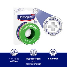 Hansaplast Sensitive Fixing Plaster, 5 m x 2.5 cm, Skin-Friendly and Hypoallergenic Tape for Fixing Dressings, Wide Plaster Roll, Easy to Tear Off