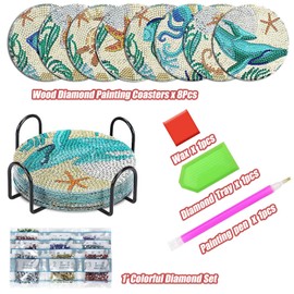 Syunyin Pack of 8 Diamond Painting Coasters with Holder, Diamond Painting Adult Crafts 5D Diamond Cup Coasters Sea Life Set for Adults & Children, Gifts for DIY Lovers