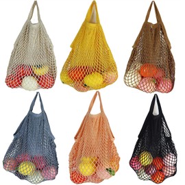 REGODI 6-Pack Short Handle Reusable Mesh Grocery Bags - Cotton String Shopping Tote for Produce, Beach Toys & Market Organizer (6 Colors) | Less Plastic Solution by Creatiee