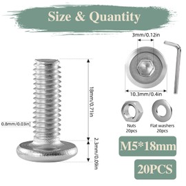 GOHODOMINO M5×18mm Flat Head Socket Cap Screws Bolts, Nuts, Flat Washers, 20Pcs, 304 Stainless Steel 18-8, Allen Socket Drive, with Hex Spanner