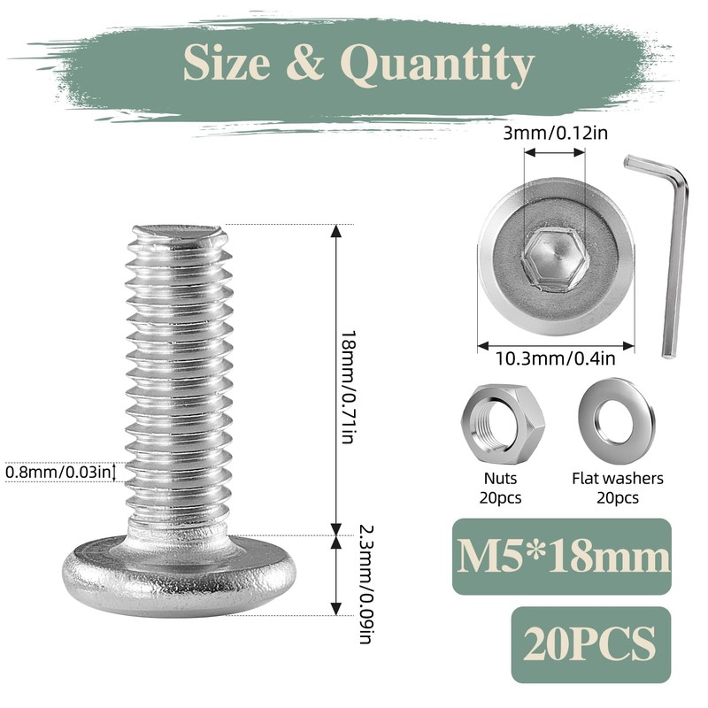 GOHODOMINO M5×18mm Flat Head Socket Cap Screws Bolts, Nuts, Flat