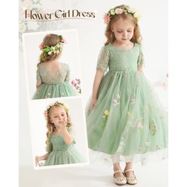 DeeFant Flower Girl Lace Back V-Neck Dress Full-Length Floral Embroidered Toddler Tutu Tulle Dresses for Girls