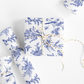 JarThenaAMCS Christmas Wrapping Paper - Mini Roll - 17 Inch x 32.8 Ft Blue Bird on Branches Gift Wrap Paper Vintage Decorative Art Paper for Winter Xmas DIY Crafts