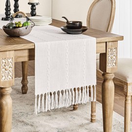 ZeeMart Farmhouse Table Runner, Rustic Table Runners 108 Inches Long, Linen Boho Table Runner, Braided Striped White Table Runner for Dining Party Holiday, 15x108 Inches, Braided Off White