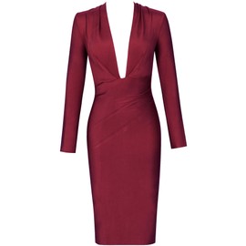 whoinshop Women 's Draped Deep Plunged Long Sleeve Night Out Club Cocktail Party Dresses with Knee Length (L, Wine)