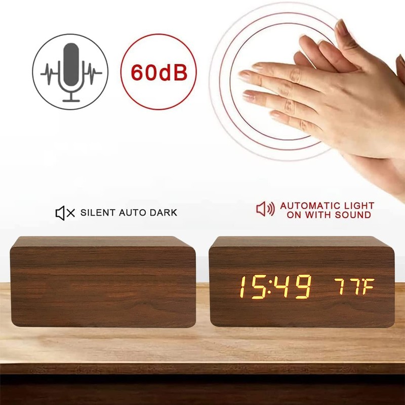 Wooden Digital Alarm Clock with Wireless Charging, 3 Alarms LED