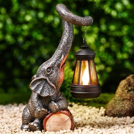Tellegloww Solar Garden Statue Elephant Resin Figurine with Lantern Light 11'' Yard Lawn Table Ornament Lucky Decoration Gift for Women, Mom, Grandma, Birthday Christmas