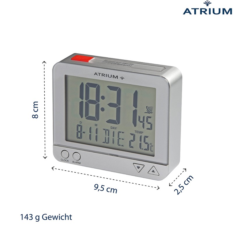 Atrium Funk-Wecker digital Silber sensorgesteuertes Nachtlicht, Obenabsteller, Datum und Temperaturanzeige