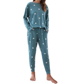 Blooming Jelly Womens Cute Pajama Sets Drawstring Heart Printed Sleepwear Pockets 2 Piece Pj Set 2024 (Large, Blue)
