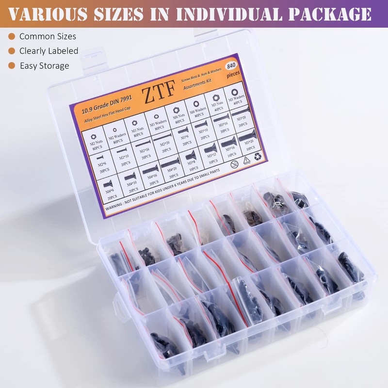 840PCS Metric M2 M3 M4 M5 Hex Socket Flat Head